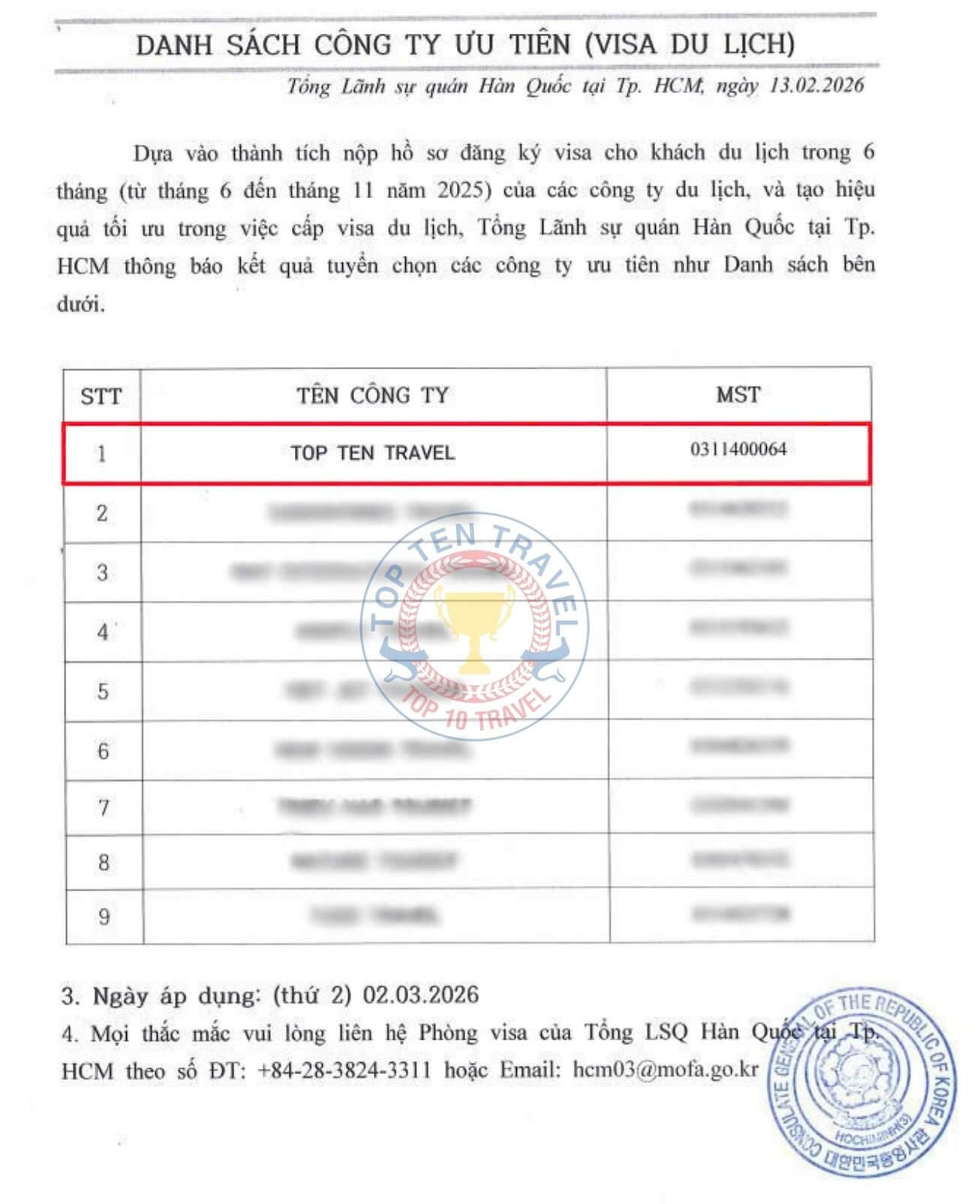 Visa Top Ten cung cấp dịch vụ visa Hàn trọn gói, đáng tin cậy, đứng đầu trong danh sách ưu tiên của Lãnh sự quán