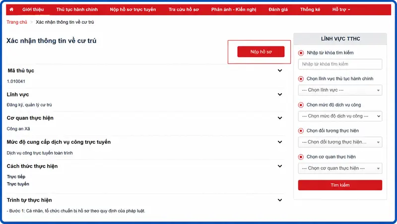 Hướng dẫn nộp hồ sơ xin giấy CT07 và CT08 online mục Nộp hồ sơ