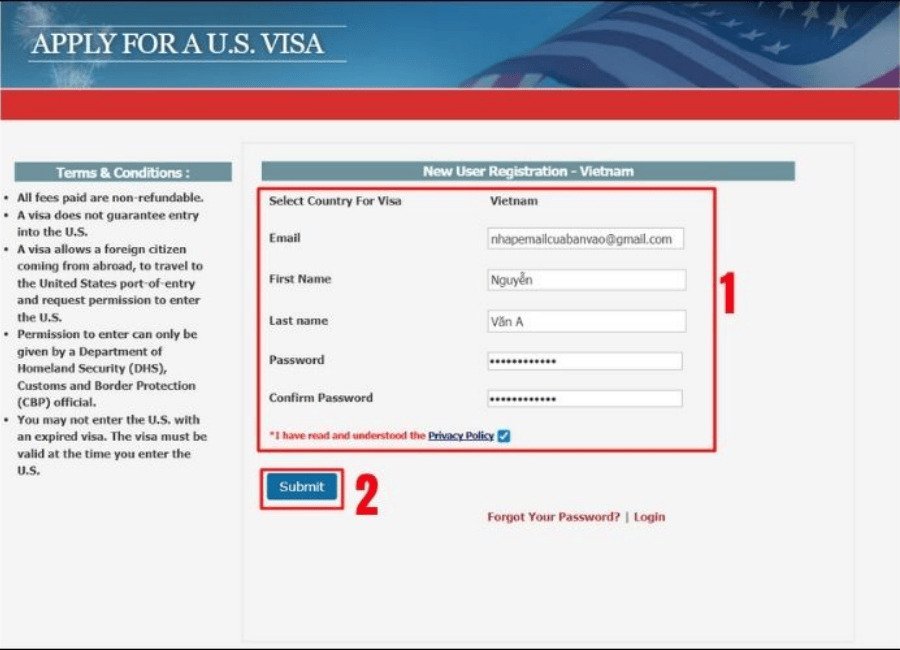 Hoàn tất việc đăng ký tài khoản bằng cách điền đầy đủ thông tin và nhấn Submit
