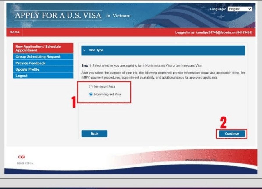 Chọn Nonimmigrant Visa (visa không định cư) trên giao diện hệ thống