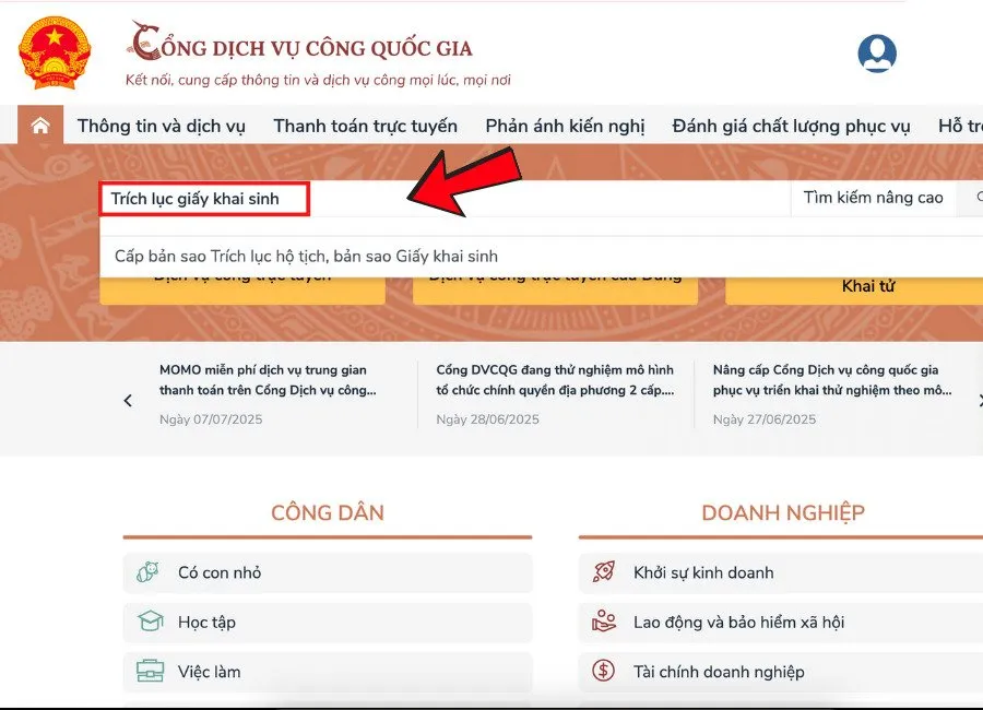 Hướng dẫn xin trích lục giấy khai sinh trực tuyến bước 3