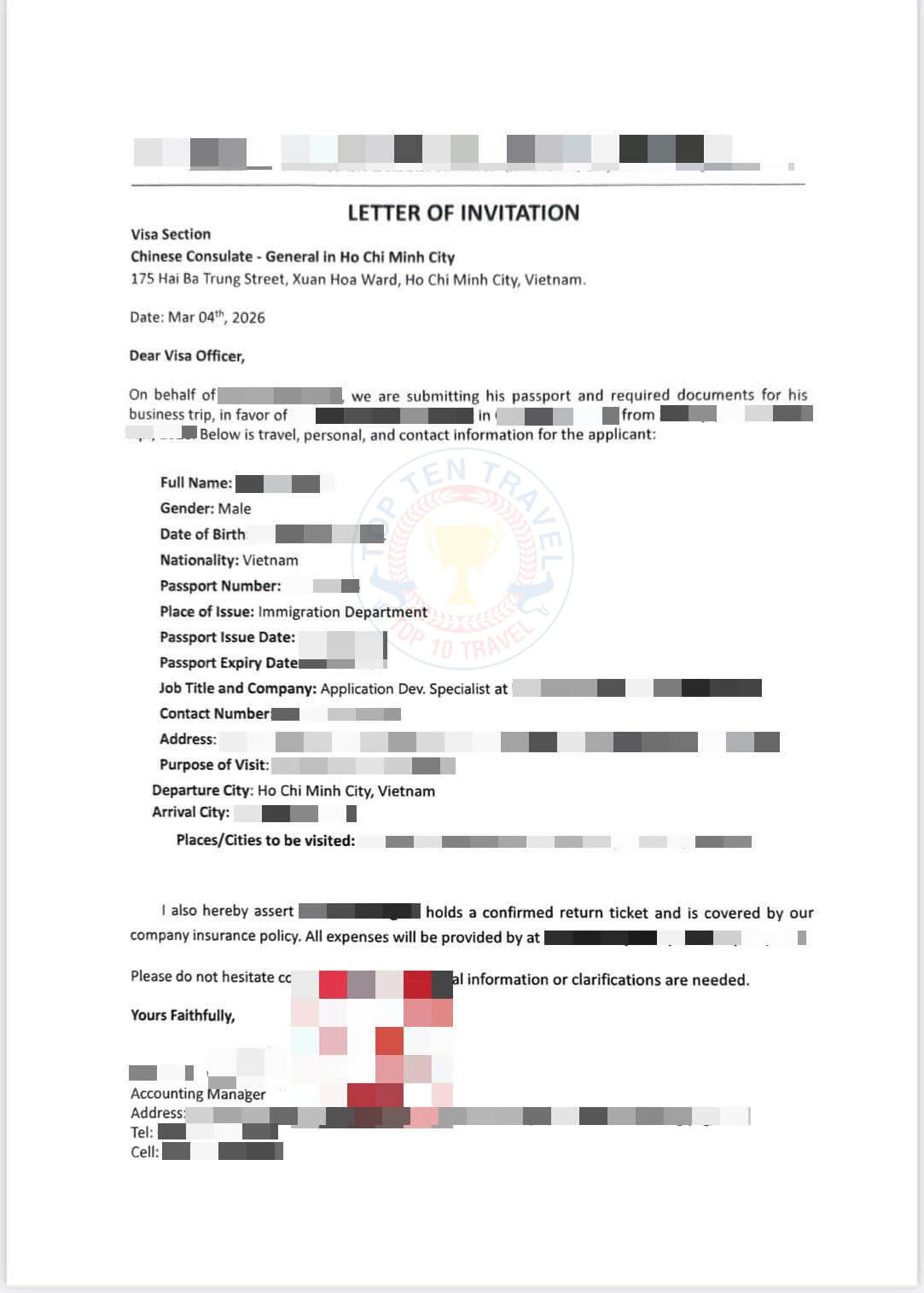 Mẫu thư mời xin visa công tác Trung Quốc