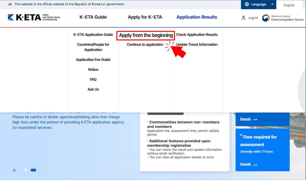 Truy cập website K-ETA để bắt đầu đăng ký