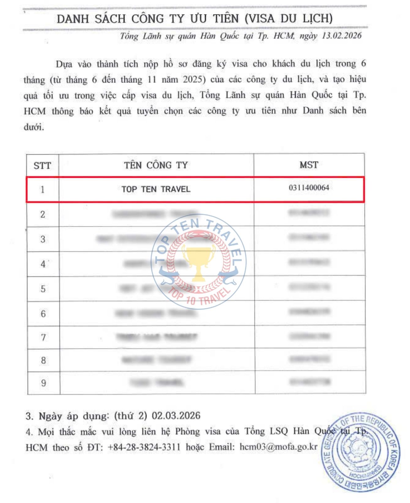 Visa Top Ten là đơn vị cung cấp dịch vụ visa Hàn uy tín, nhanh chóng