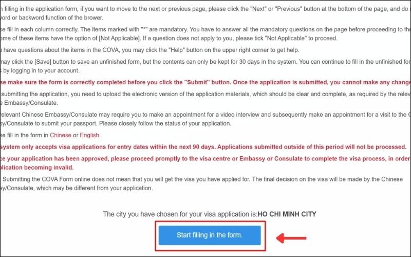 Chọn Start Filling In The Form để bắt đầu quá trình khai báo thông tin