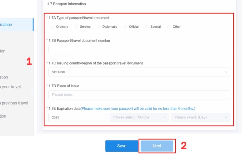 Nhập đầy đủ thông tin hộ chiếu rồi bấm Next