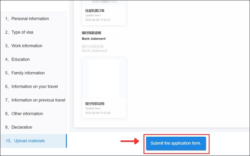 Bạn chọn Submit the Application Form để gửi hồ sơ trực tuyến