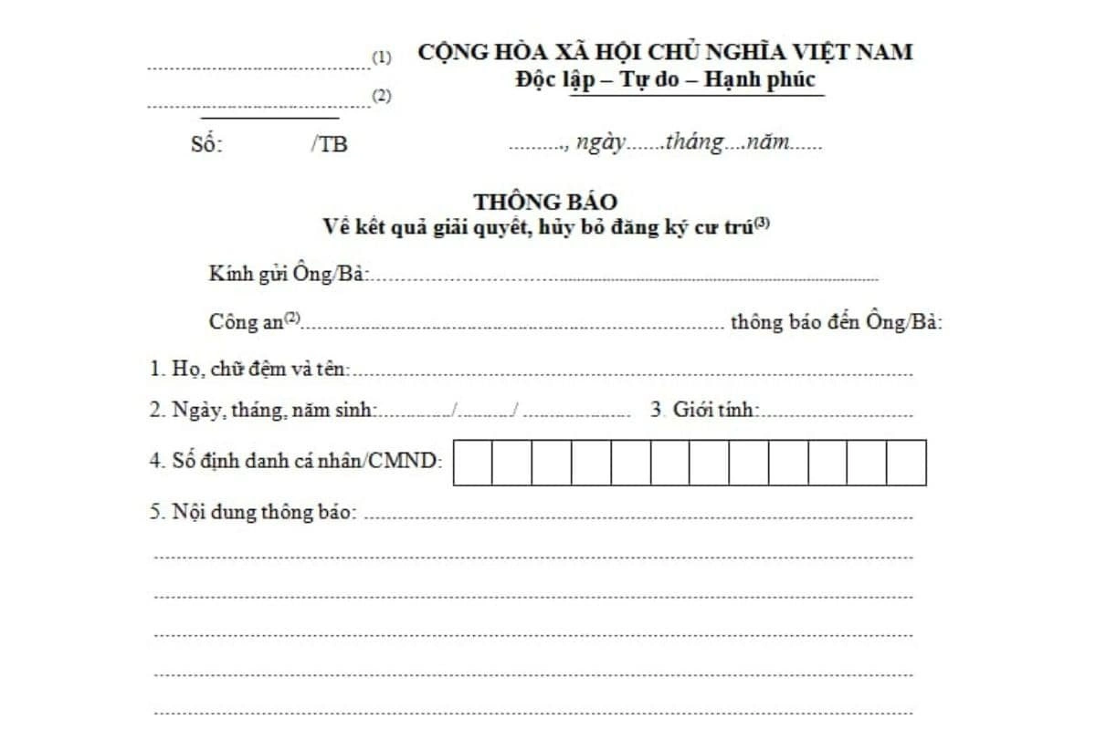 Mẫu thông báo về kết quả giải quyết, hủy bỏ thủ tục về cư trú CT08 hiện nay