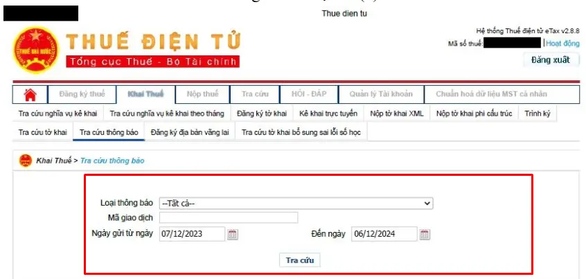 Bước 4 tra cứu thông báo trên trang Thuế Điện tử
